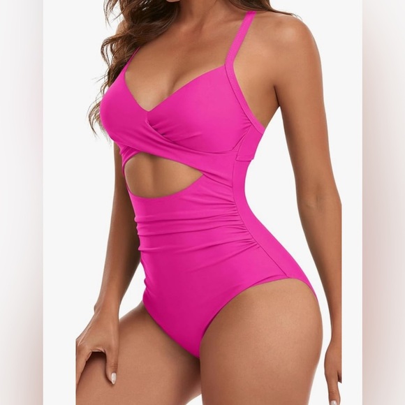 Ruched classic  Pink One-Piece Swimsuit
Cut out & crisscross back 
XL   NWOT - Picture 3 of 4